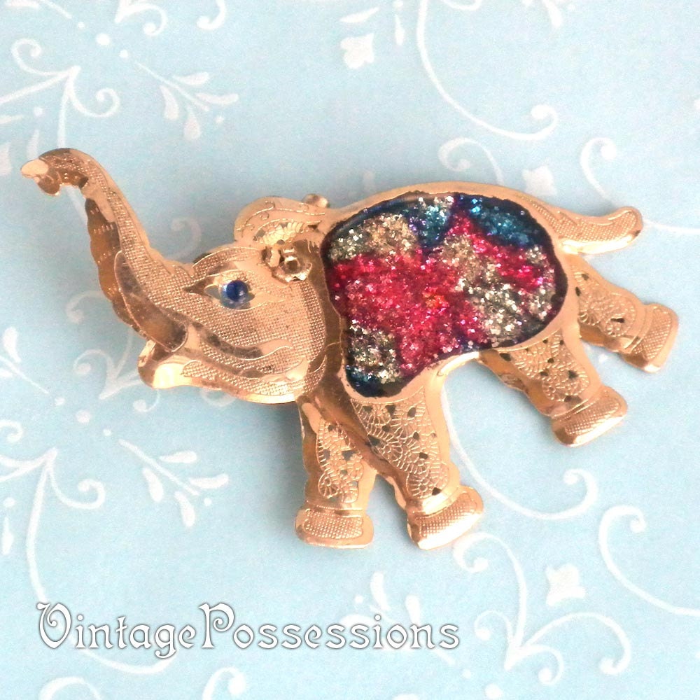 Vintage Lucky Elephant Brooch - punched metal