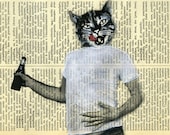 Painting - Cat Art - Illustration Original Mixed Media on Dictionary Italian Vintage Page - Hand Painted