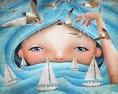 Girl and Ocean Waves Fine Art Print "Swell" Boats and Seagulls Fantasy Fairy Tale Art Medium Size 8.5x11 or 8x10 A4 Premium Giclee Print