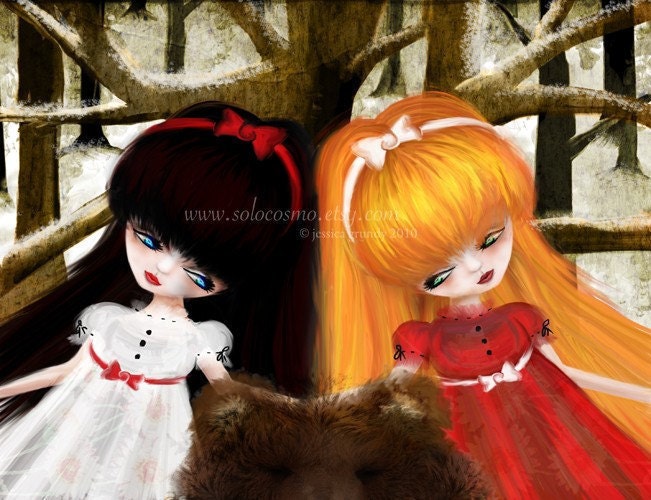 Fantasy Fairy Tale Fine Art Print "Snow White and Rose Red" 8.5x11 or 8x10 A4 Medium Sized Premium Giclee Print of Original Illustration