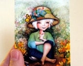 ACEO - "Betty in her Garden" -  ACEO/ATC Premium Fine Art Art Mini Print Artist Trading Card 2.5x3.5