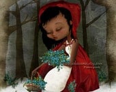 Fine Art Print "Red Riding Hood" 8.5x11 or 8x10 A4 Premium Giclee Print Lowbrow Art - African American Girl in Woodland Fairy Tale Fantasy