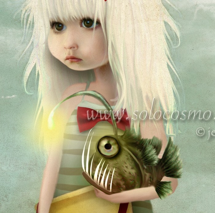 5x7 Print Angler Fish Sea Monster and Little Girl On Beach"My Fishy Friend" Small Sized Premium Hahnemuhle Fine Art Giclee Print