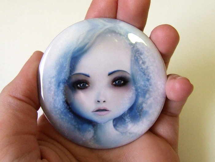 Pocket Mirror "The Snow Spirit" 2 1/4" Round Compact Mirror - Light Blue and White Winter Goddess - Lowbrow Art