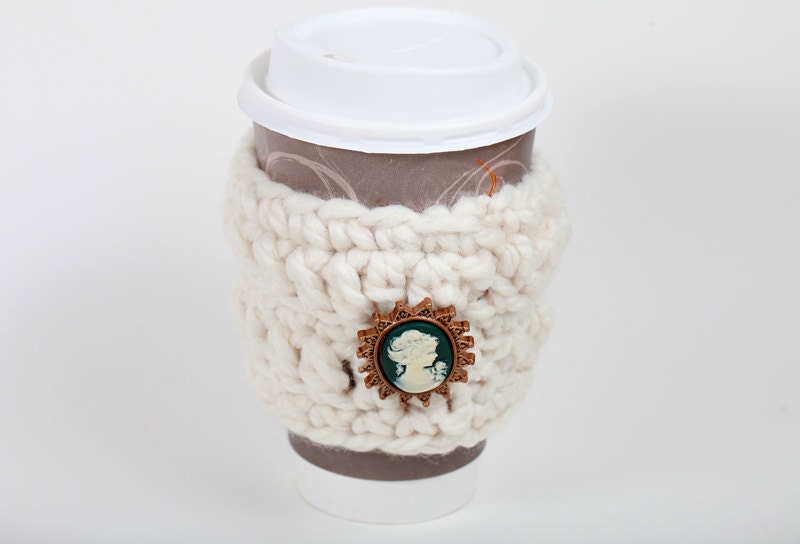Cameo Lady Slip On Adjustable Coffee Mug Tumbler Cup Crochet Cozy Sleeve in Winter White