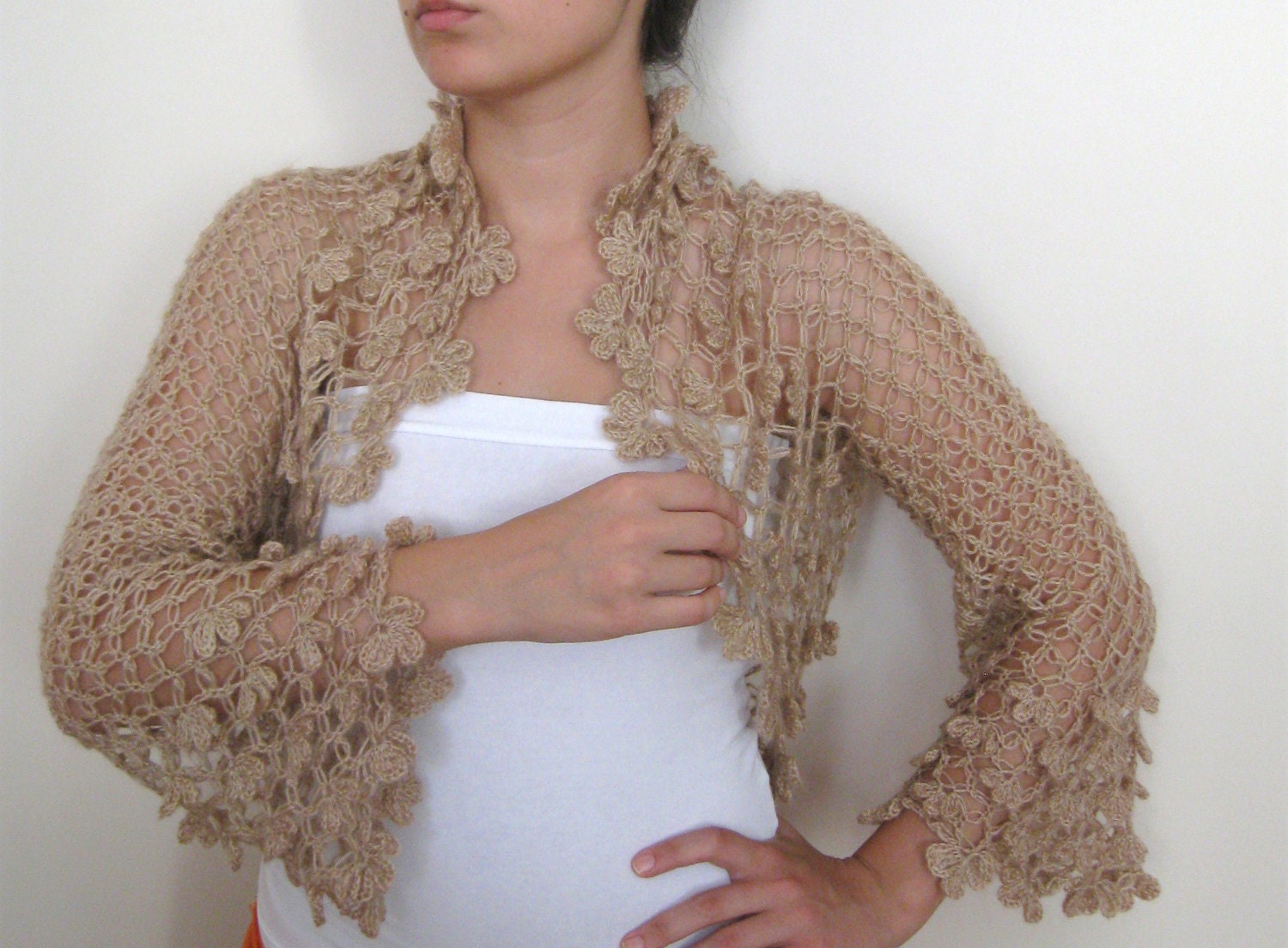 Christmas in July Lace shrug bolero jacket camel champagne dark cream weddings bridal bridesmaids bride fashion