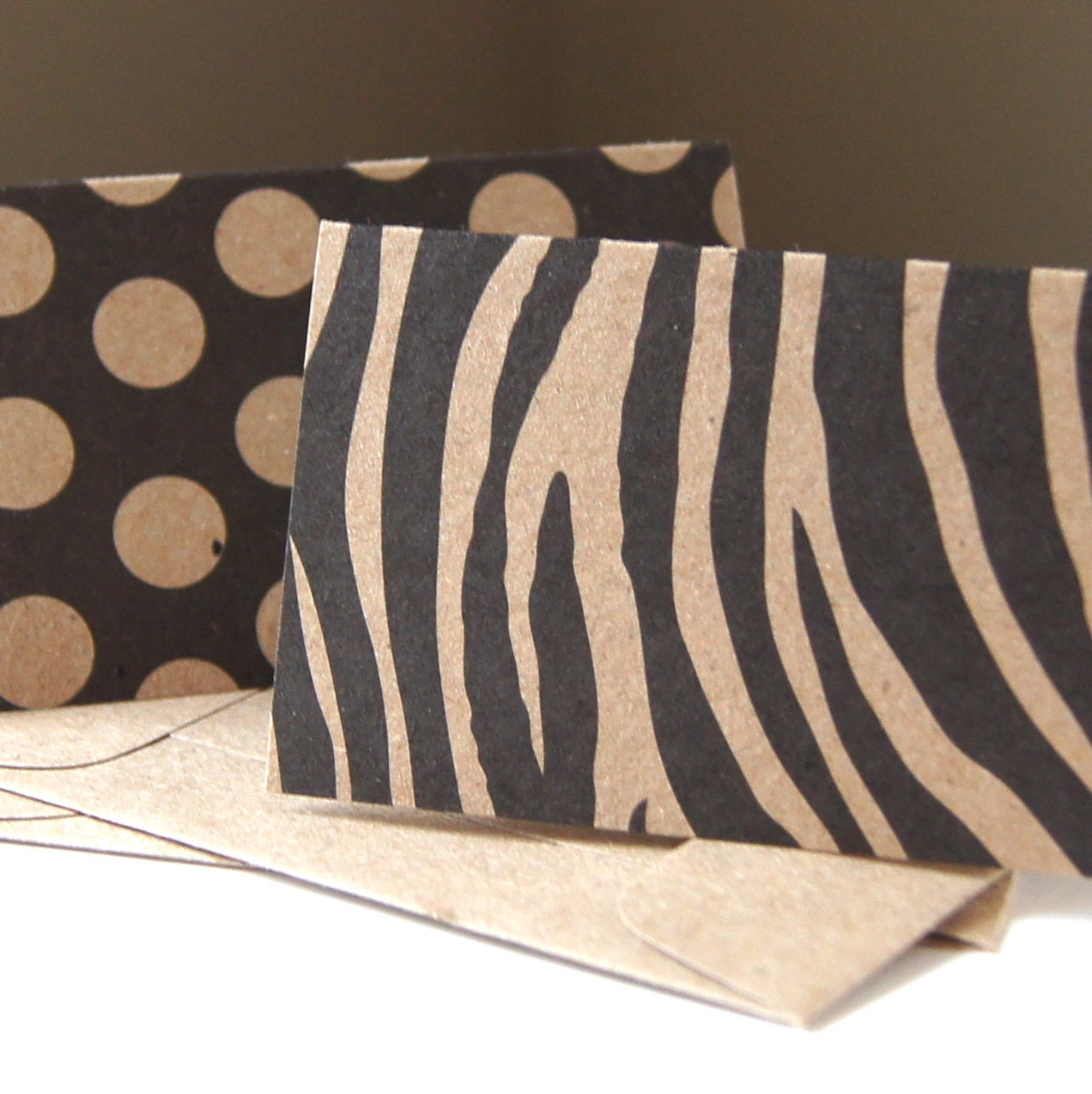 Zebra & Dots Mini Notes (Black on Kraft) . Folded Blank Cards with Kraft Envelopes . Set of 6