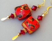 Red and gold earrings, polymer clay and crystal, Arabian Nights