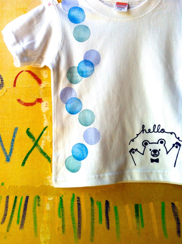 hello bear tshirt. children tshirt. hand printed tshirt. hand stamped tshirt. limited edition. white. READY TO SHIP