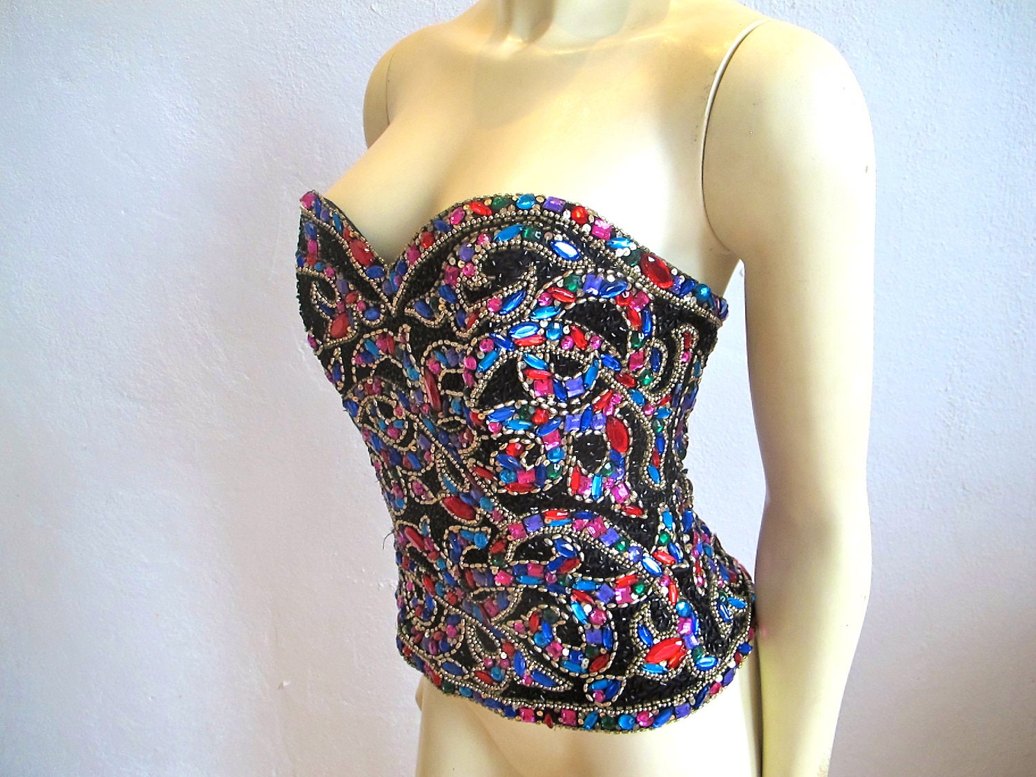 INCREDIBLE beaded Gemstone sparkling Oleg Cassini 1980's Bustier Corset  MD