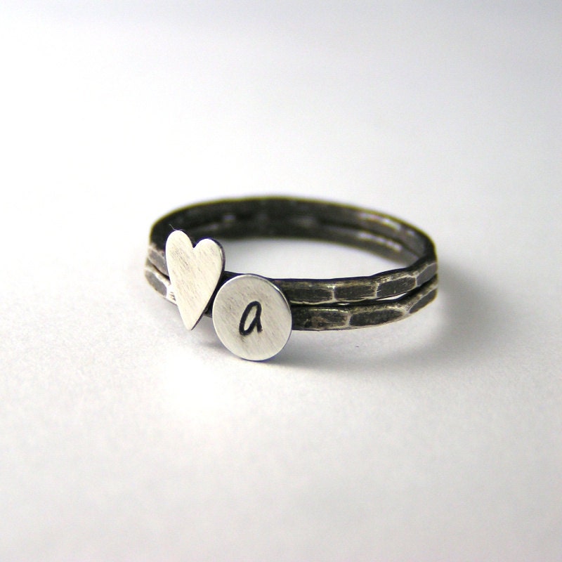 Custom Initial Ring, Sterling Heart And Sterling Silver Personalized Initial Ring Set Of 2