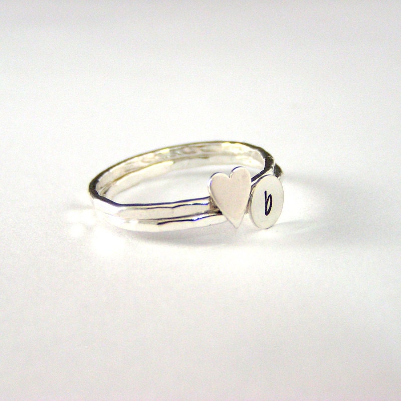 Custom Initial Ring, Shiny Sterling Heart And Sterling Silver Personalized Initial Ring Set Of 2