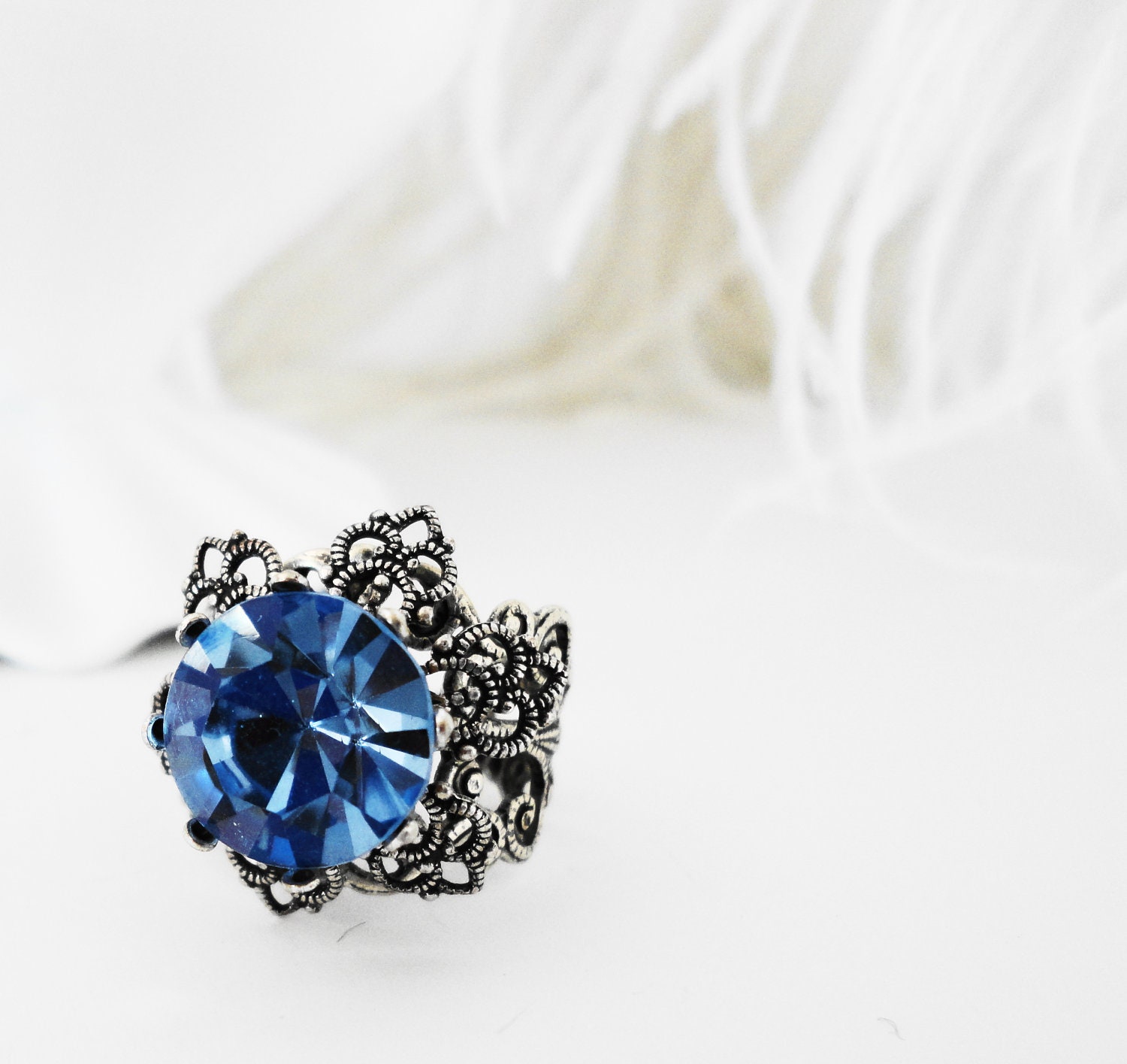 Ring Crystal Blue Sapphire  French Chaton Shabby Chic  Paris old hollywood retro romantic bridal wedding brides