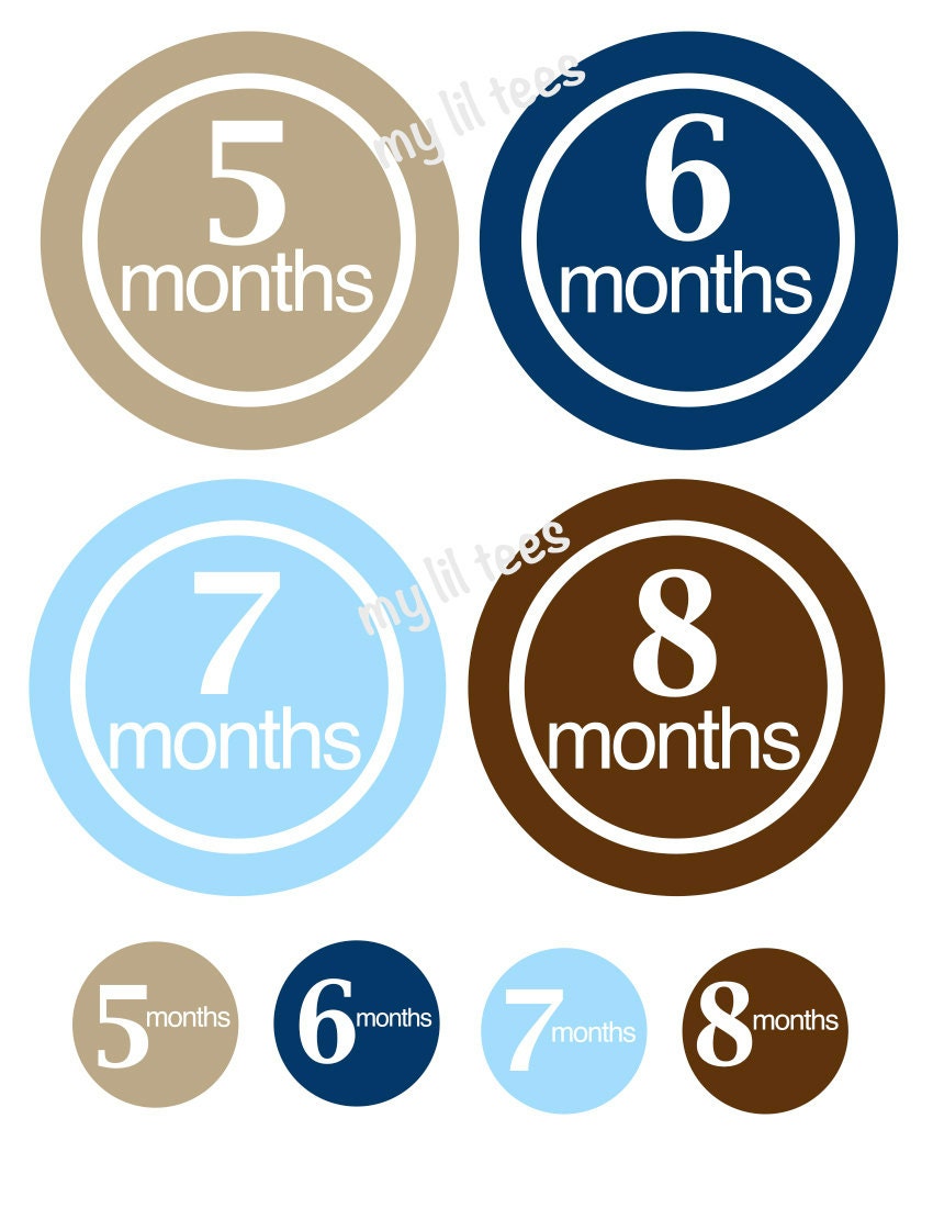 IRON ONS - Decal - 12 Monthly onesie iron on heat transfers - for Baby boys - blue, brown & tan