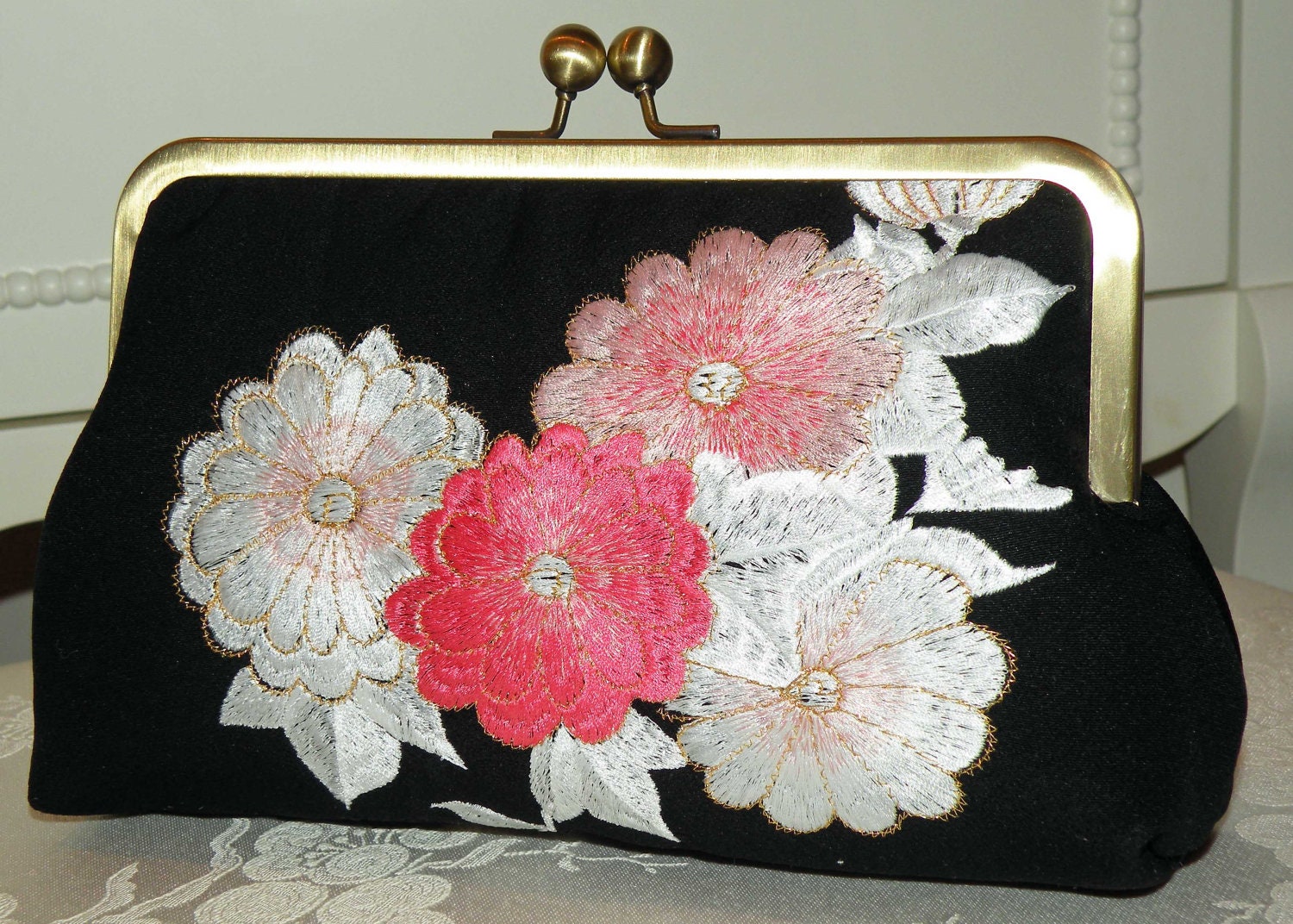 Silk Kimono Fabric Bag/Purse/Clutch..Embroidered Crane..Chrysanthemum..Floral..Bridal/Wedding..Birthday Gift..Ivory/pink/black.Ready to Ship