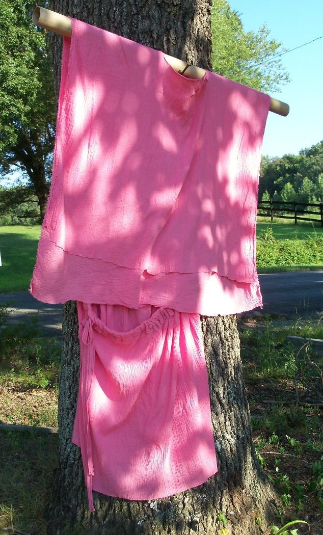 Plus Size 3X & Up Electric Peach Salmon Muslin Ensemble Cropped Caftan With Skirt Indigo Accents