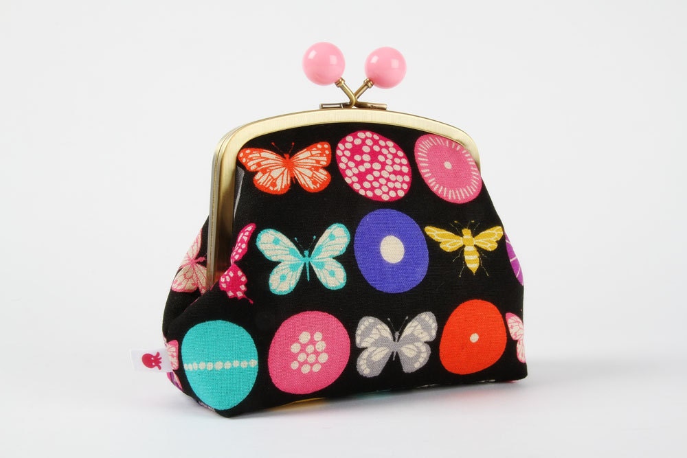 Color bobble pouch - Echino insect dots in black - metal frame clutch bag