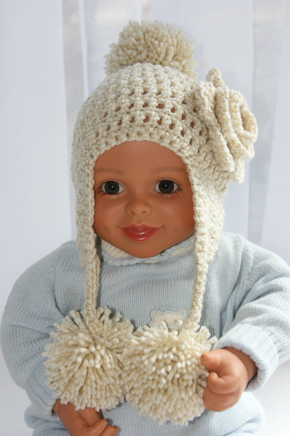 Baby Girl hat earflap pom Christmas Holiday elegant crocheted in cream off white yarn and metallic gold thread 0-3 months newborn