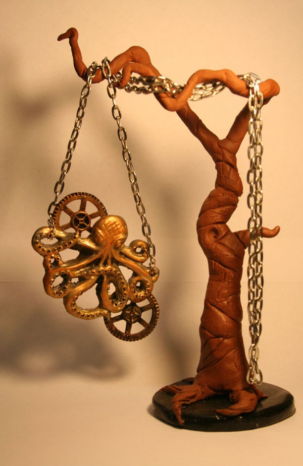 Steampunk Octopus and Cog Necklace.