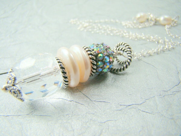 Pearl drop necklace, clear crystal quartz pendant necklace, sterling silver chain, bridal pearl jewelry... PRINCESS GRACE
