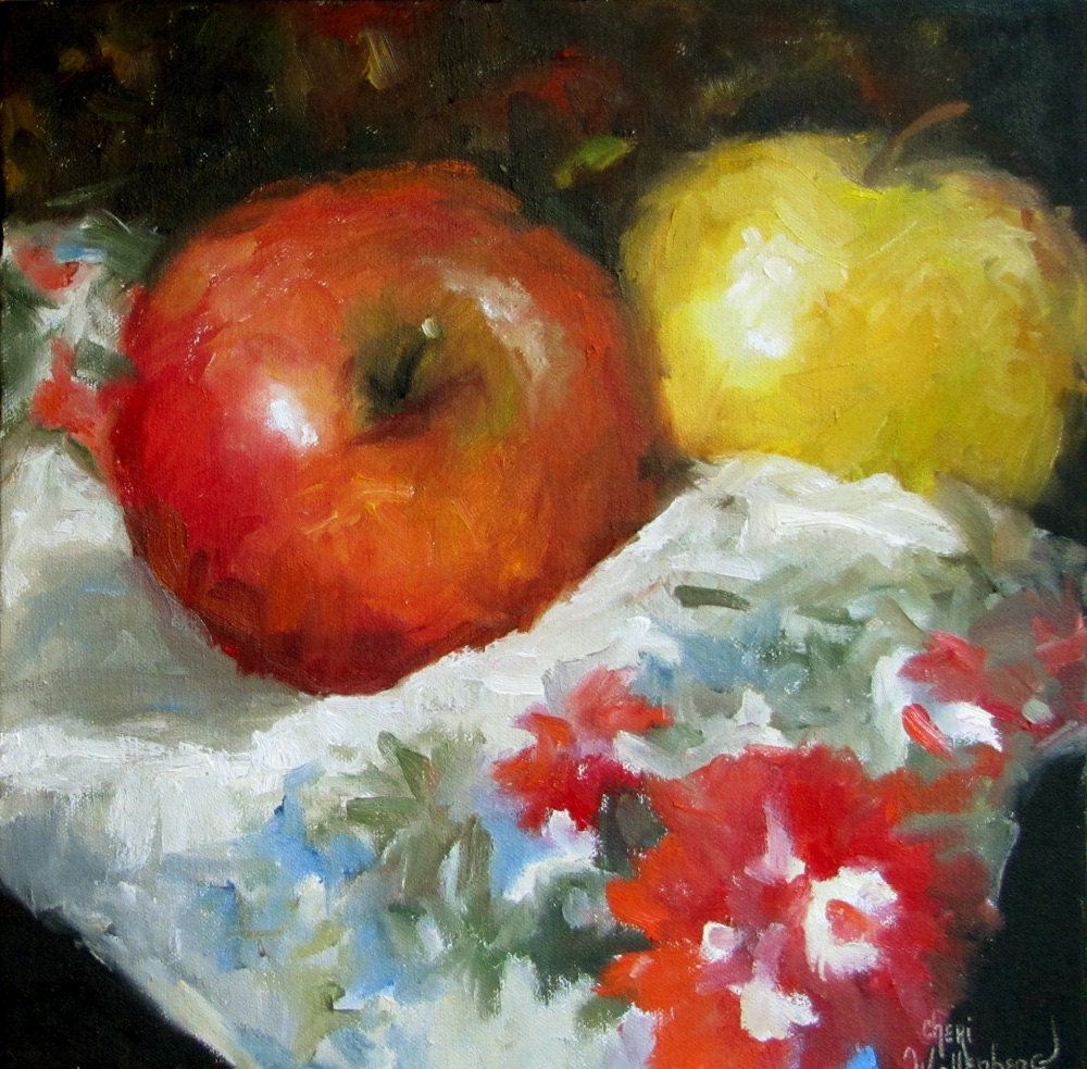 Apples and Cup Towel Painting Original Oil on Canvas Painting by Cheri Wollenberg