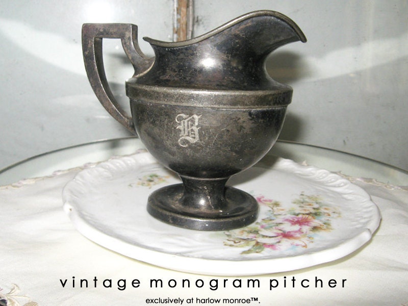 Vintage SILVER PLATE Pitcher - Monogram B Creamer - Shabby Chic Decor