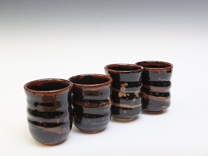 Set of 4 Wheel Thrown Stoneware Clay  Rustic  tea cup tumblers