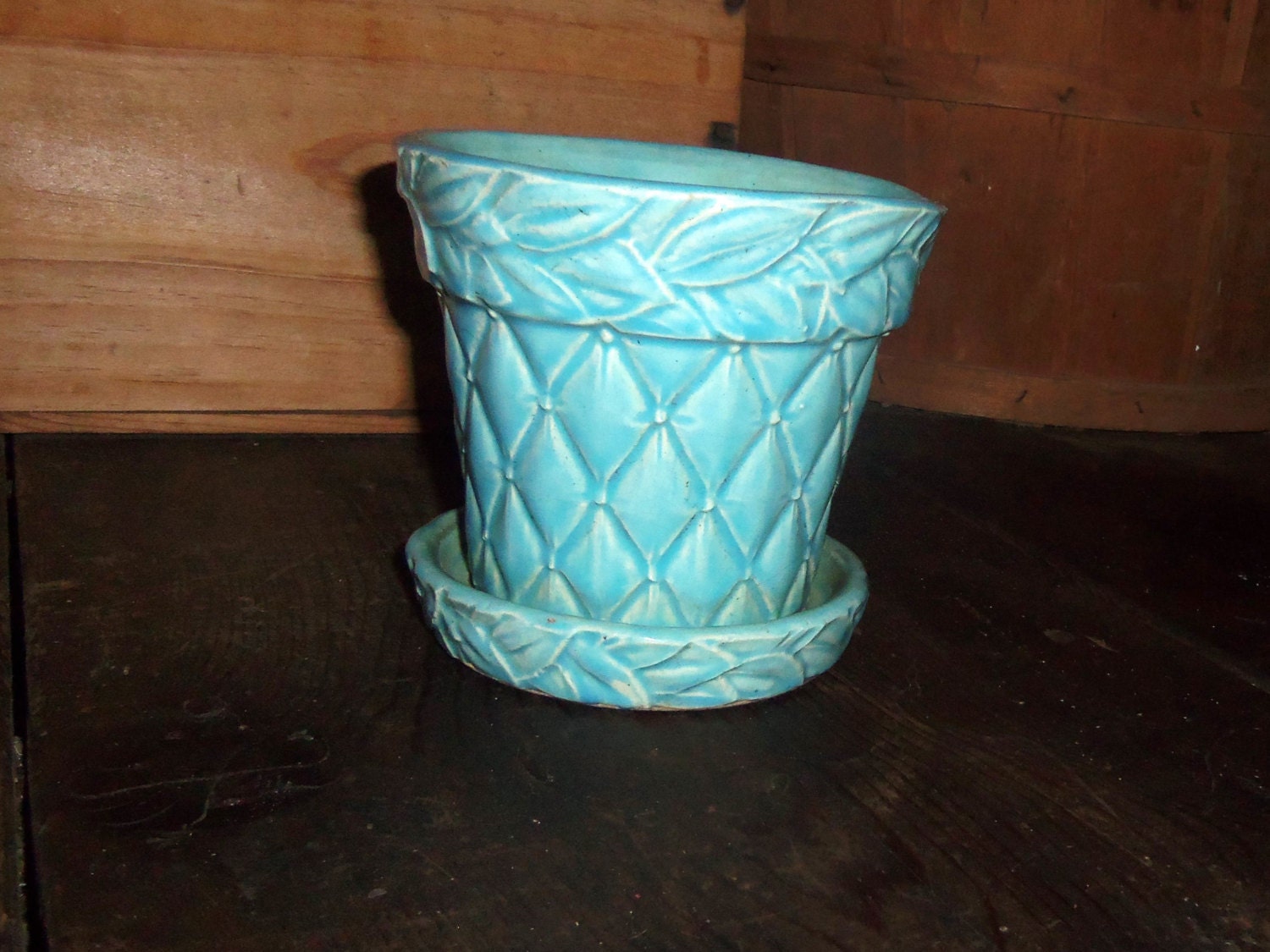 Vintage Mccoy Planter Aqua Blue Quilted Pottery Garden Pot Leaf Trim Saucer