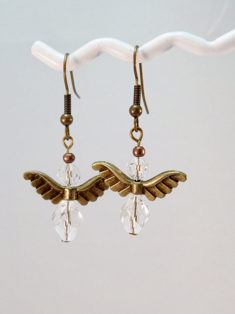 Angel Earrings Crystals with Bronze Angel Wings