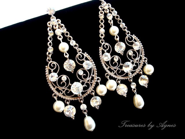 Chandelier earrings, bridal earrings, wedding jewelry, statement earrings, antique silver earrings, pearl earrings