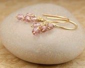 Rose pink Czech glass and gold dangle earrings - pixie - simple handmade minimalist jewelry, glass bead cluster earrings