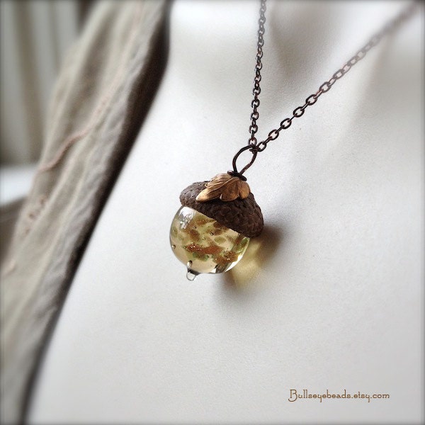 Mini Glass Acorn Necklace - Goldstone Sparkle with Vintage Metal Leaf by Bullseyebeads