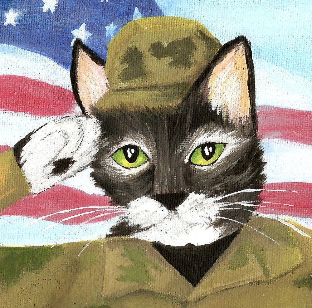 ARMY Cat Art, Grey Tabby Soldier Cat Wearing Military Uniform and Saluting Flag 5x7 Print