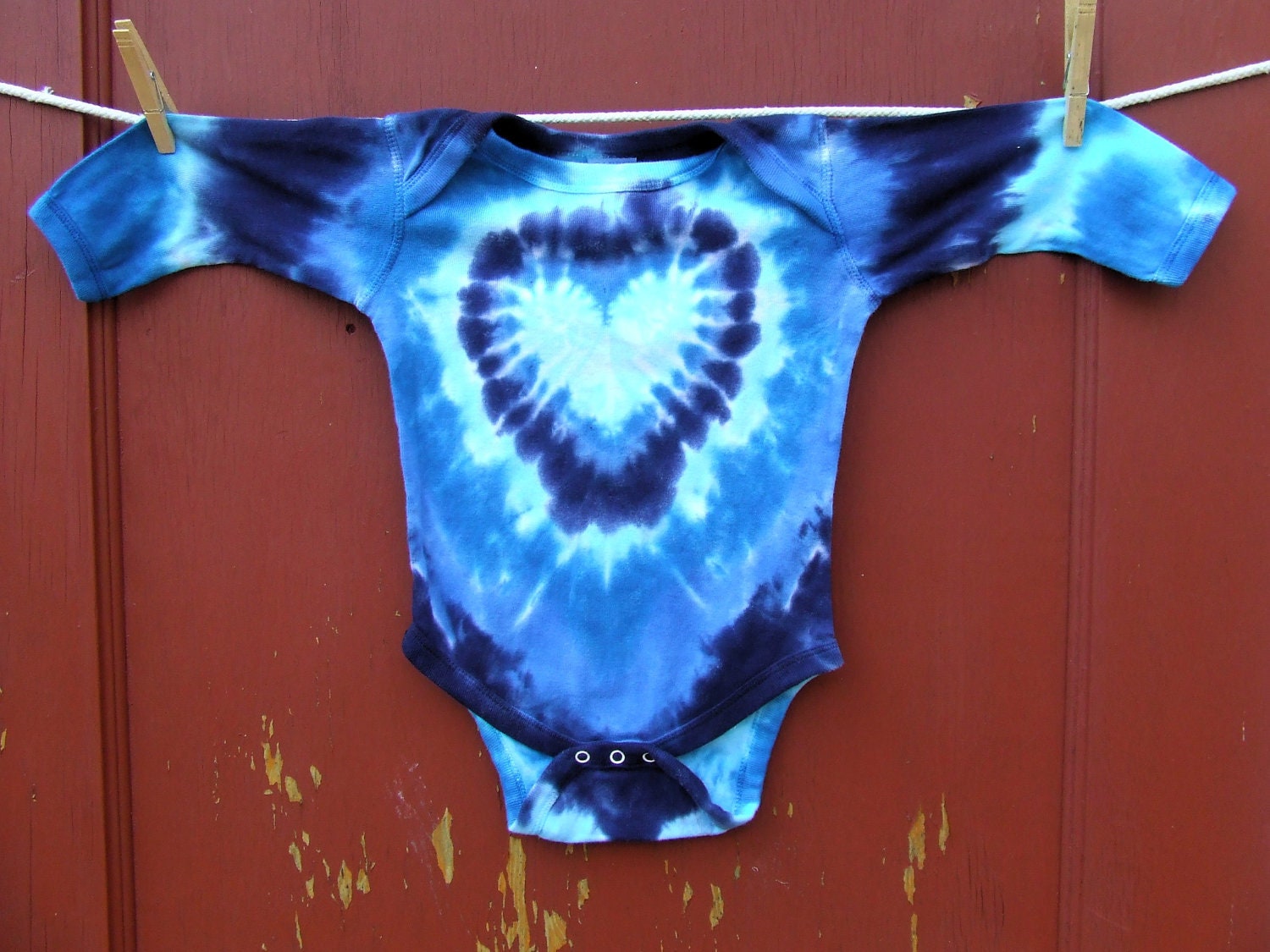 ON SALE Long Sleeve Tie Dye Baby Onesie - Blue Heart - 12 months -Ready to Ship (Rabbit Skins brand)
