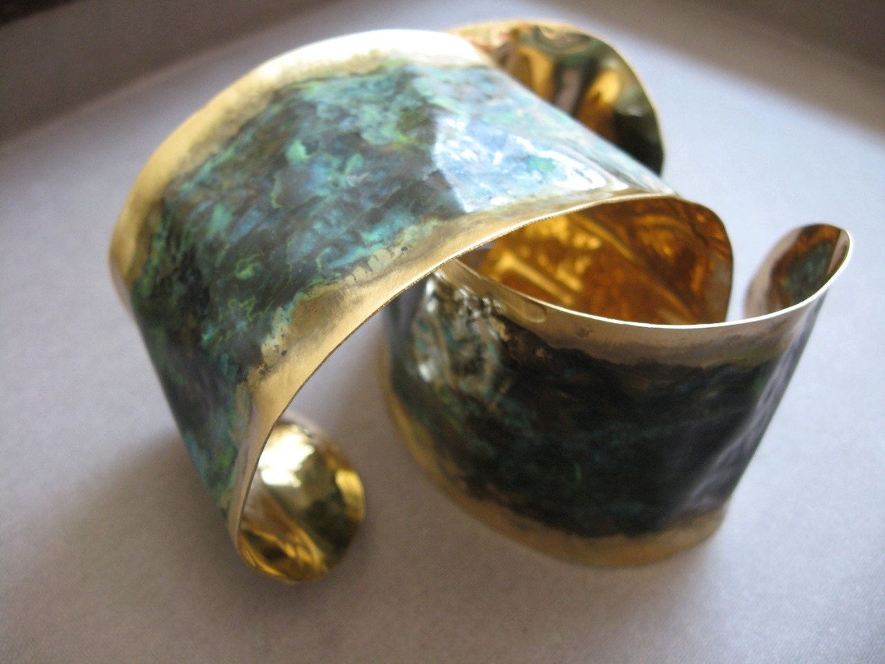 Solid  Hand Forged Flared Cuff Bracelet in Bronze with patina