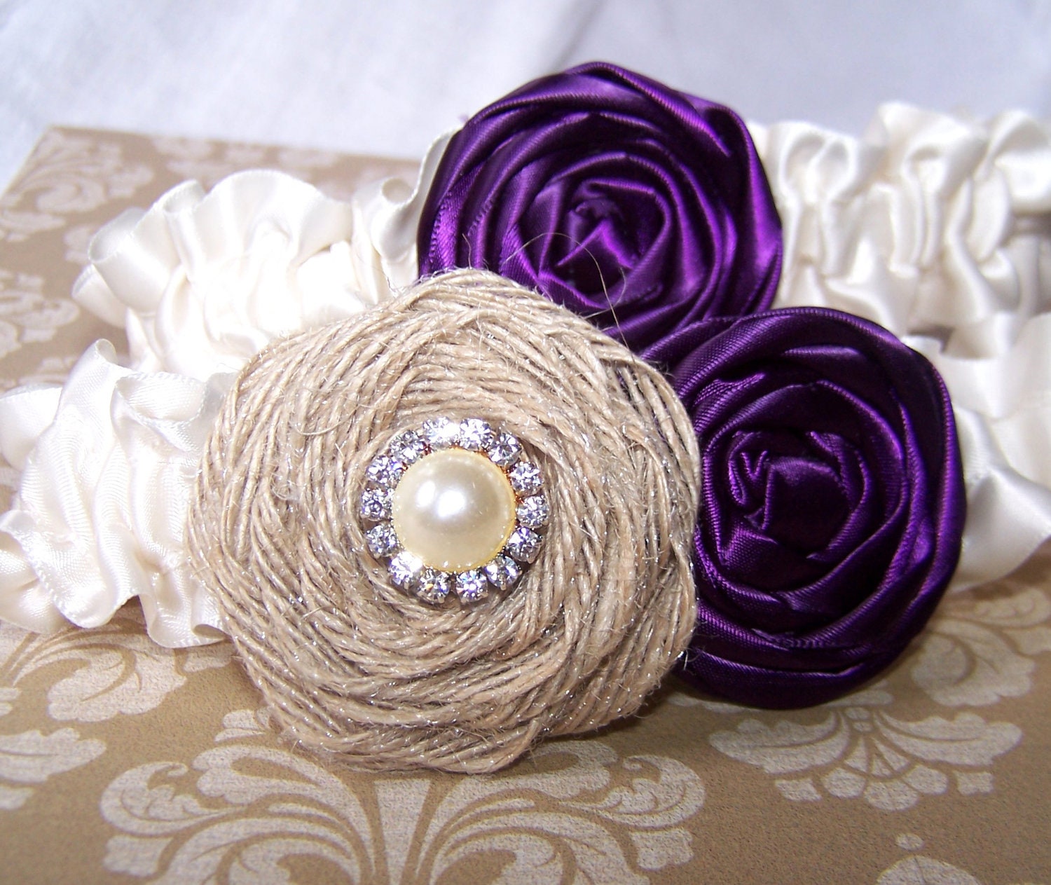 Wedding Garter Set - Burlap and Dark Plum Rosettes, Ivory Satin Band, Custom Colors Available