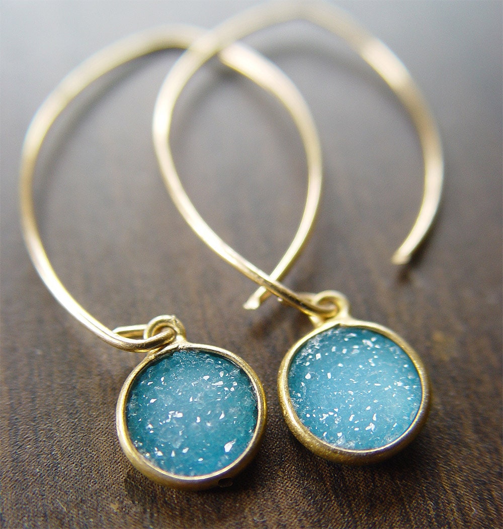 Round Blue Druzy Earrings 14k Gold