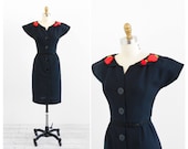 vintage 1950s dress / 50s black dress / Little Black Dress with Red Strawberry Appliques