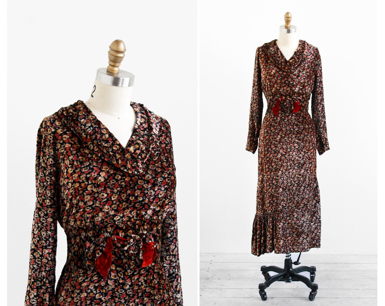 vintage 1930s dress / 30s dress / Floral Silk Velvet Art Deco Dress