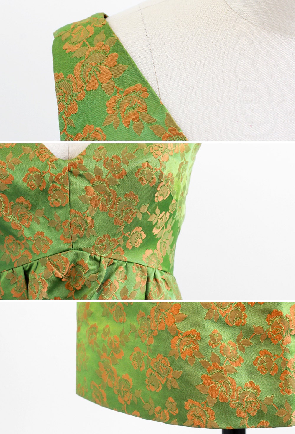 vintage 1960s dress / mad men dress / Green and Orange Roses Floral Satin Cocktail Dress