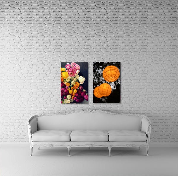 Two large 20x30 fine art photography prints ranunculus flowers paper lanterns