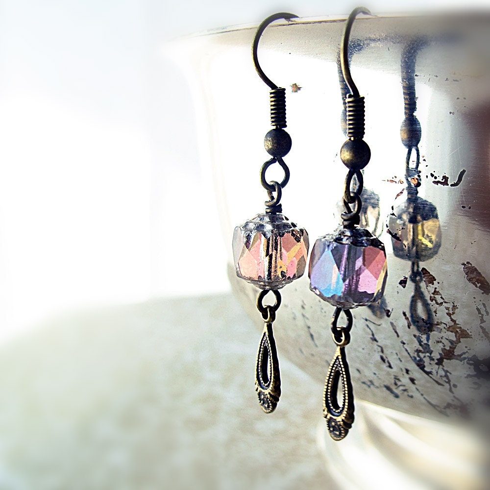 Glass Beaded Dangle Earrings, Iridescent Lavender, Antiqued Brass