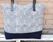 Tote Bag with leather straps in Navy geometric print & Navy bottom - Leather, Shoulder Bag, Large Tote, Diaper Bag - Christmas Gift