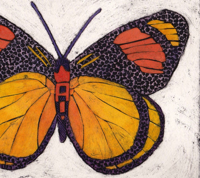 Yellow and Orange Butterfly 1 - Original Hand Pulled Collograph, Fine Art Print, Insect