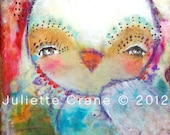 Whimsical Owl Art- 8x8 inch Print of a Reproduction of the Original Mixed Media Painting Hope Glows by Juliette Crane