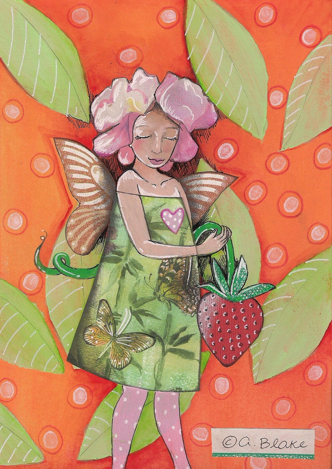 Mixed Media Original Painting Assemblage Butterfly Strawberry Fairy Art by Ashlie Blake of Paintingbliss