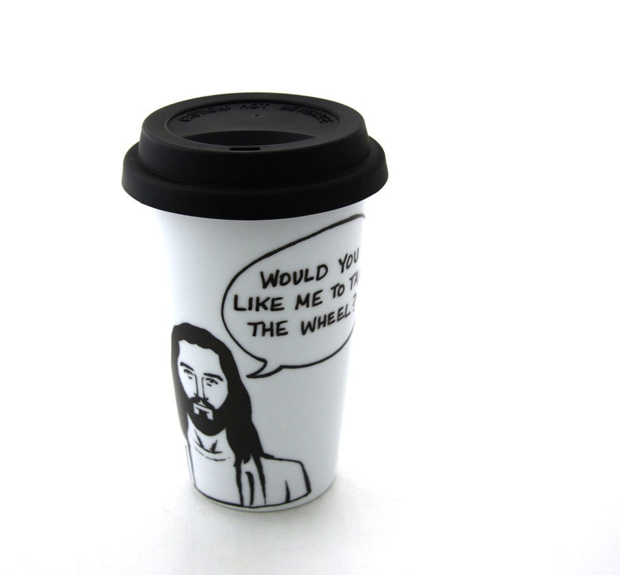 Travel Mug Jesus Take The Wheel Eco Friendly Double Walled Porcelain with Siicon Lid
