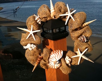 BEACHY BURLAP WREATH beach decor, coastal decor, nautical wreath, nautilus, starfish, seashells
