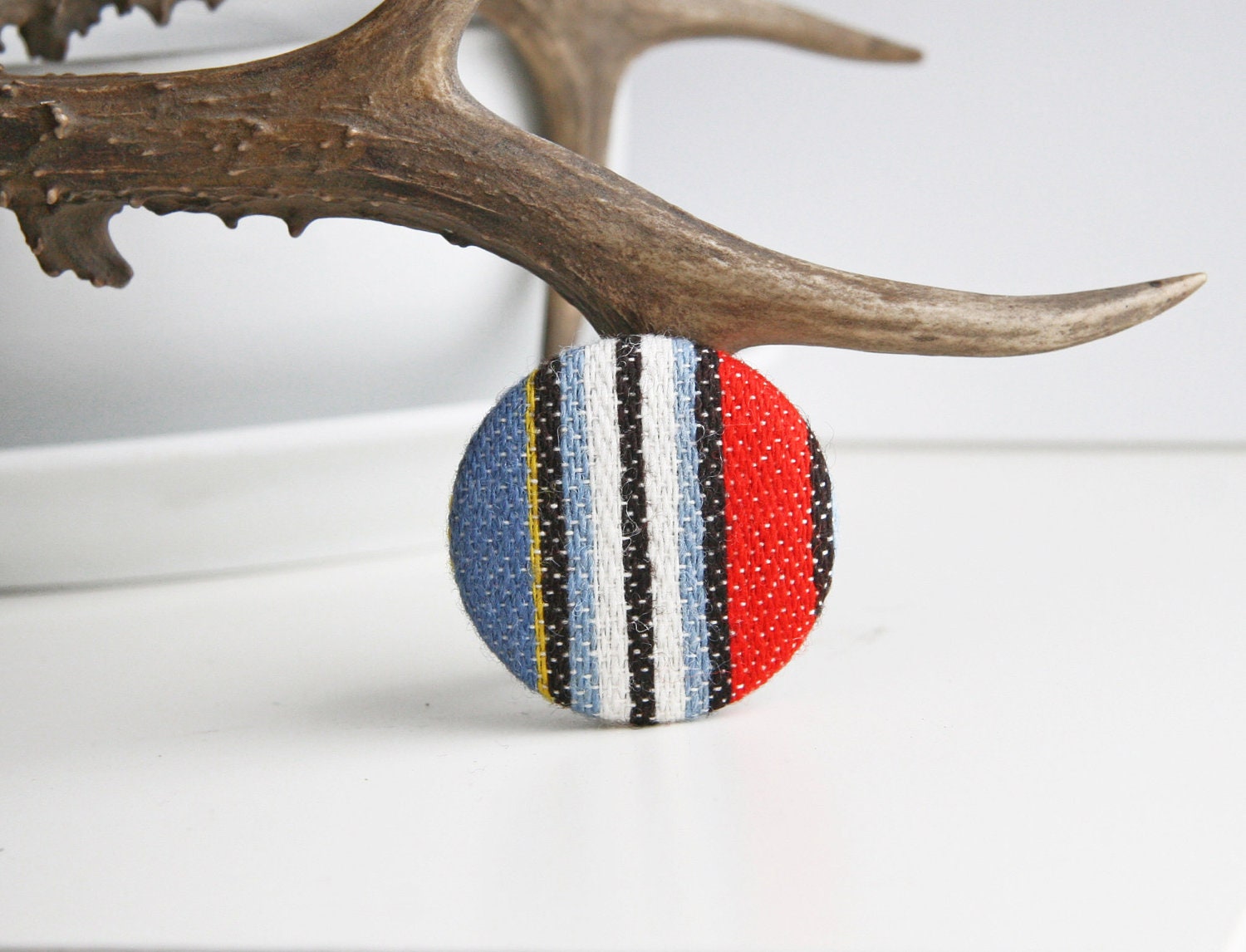 Eco- Friendly Red, Blue, Black and White Striped Brooch - Decorative Handmade Fabric Covered Button Pin Europeanstreetteam