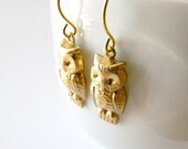 Gold brass owl earrings. Owl jewelry. Greek goddess earrings. Dangle earrings. Inspired by the bird of bright-eyed Athena.